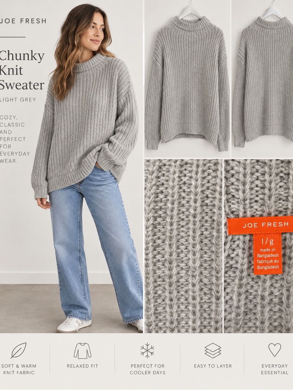 Joe Fresh Chunky Knit Light Grey Sweater